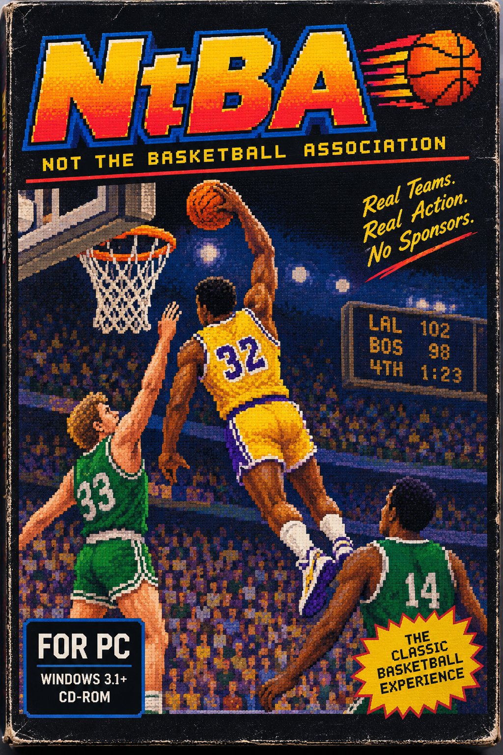 NtBA box art: a player in a gold number 32 jersey dunks over two defenders in green, under the title NtBA — Not the Basketball Association